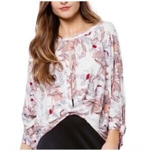 White Pink Free People Floral Tie Sleeve Slouch Blouse Lightweight Boho Top XS